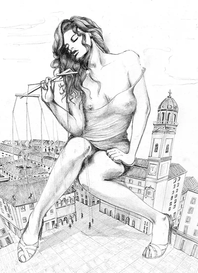 Fumetto con figura femminile che sovrasta una città e tiene in mano i fili di marionette.